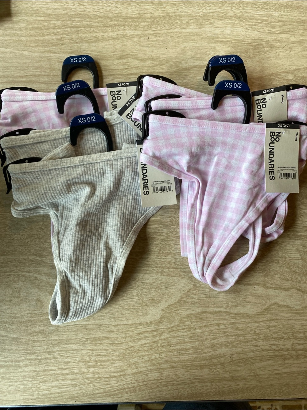 No Boundaries Pink Gingham & Gray Ribbed Thong Panties - XS 6-pack